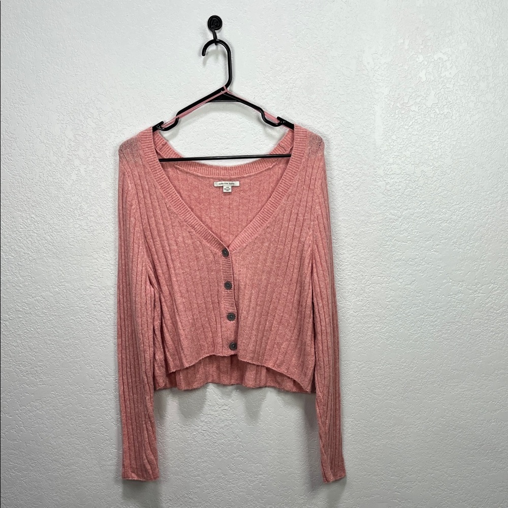 American Eagle Outfitters Pink Ribbed Button-Up Cardigan